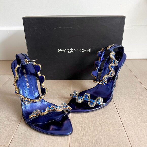 Sergio Rossi Rhinestone Metallic Blue Heels - Picture 1 of 10